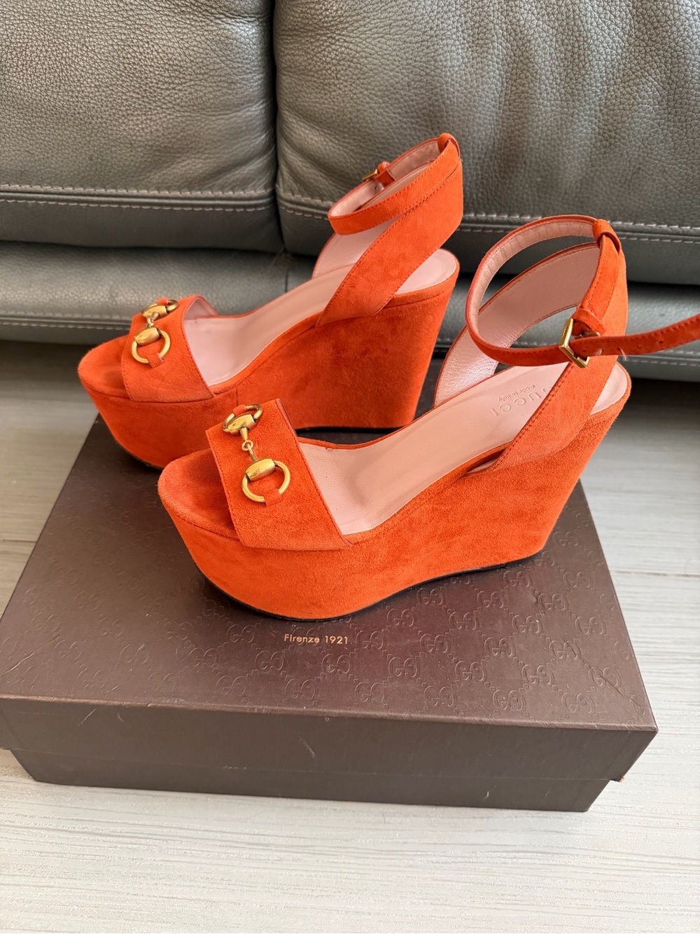 Gucci Orange Suede Platform Wedge Sandals with Gold Horsebit Accent